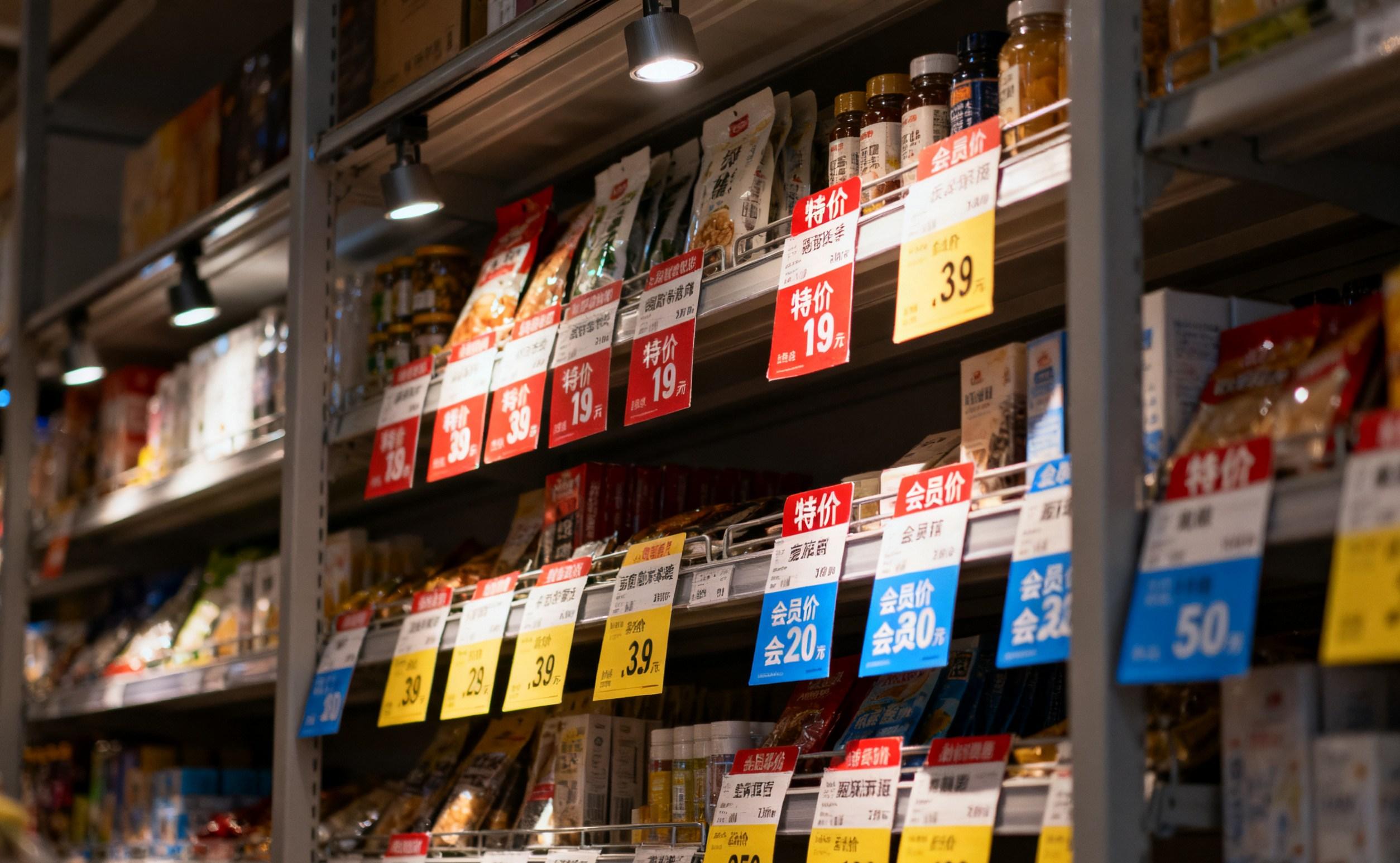 Hanging price tags displaying prices on retail shelf.